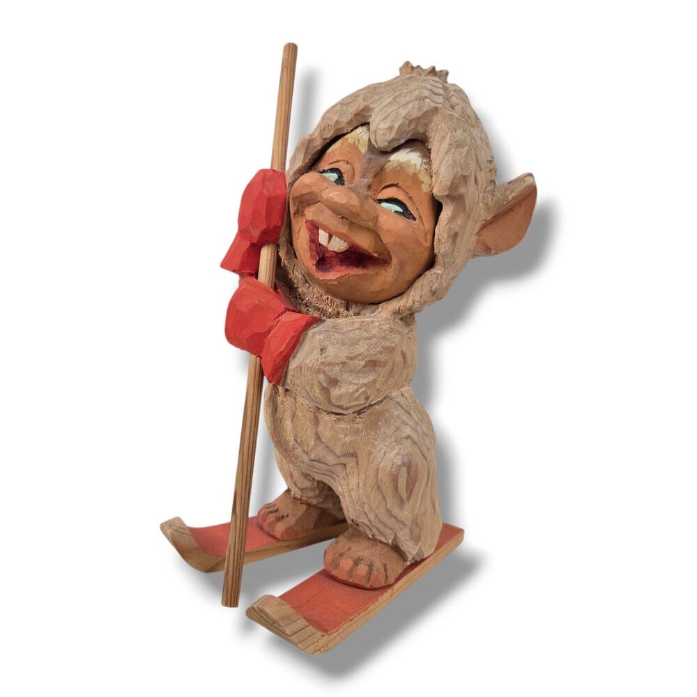 Vintage Henning Engelsen Troll Hand Carved Skiing Norwegian Wood Carving 8.5"